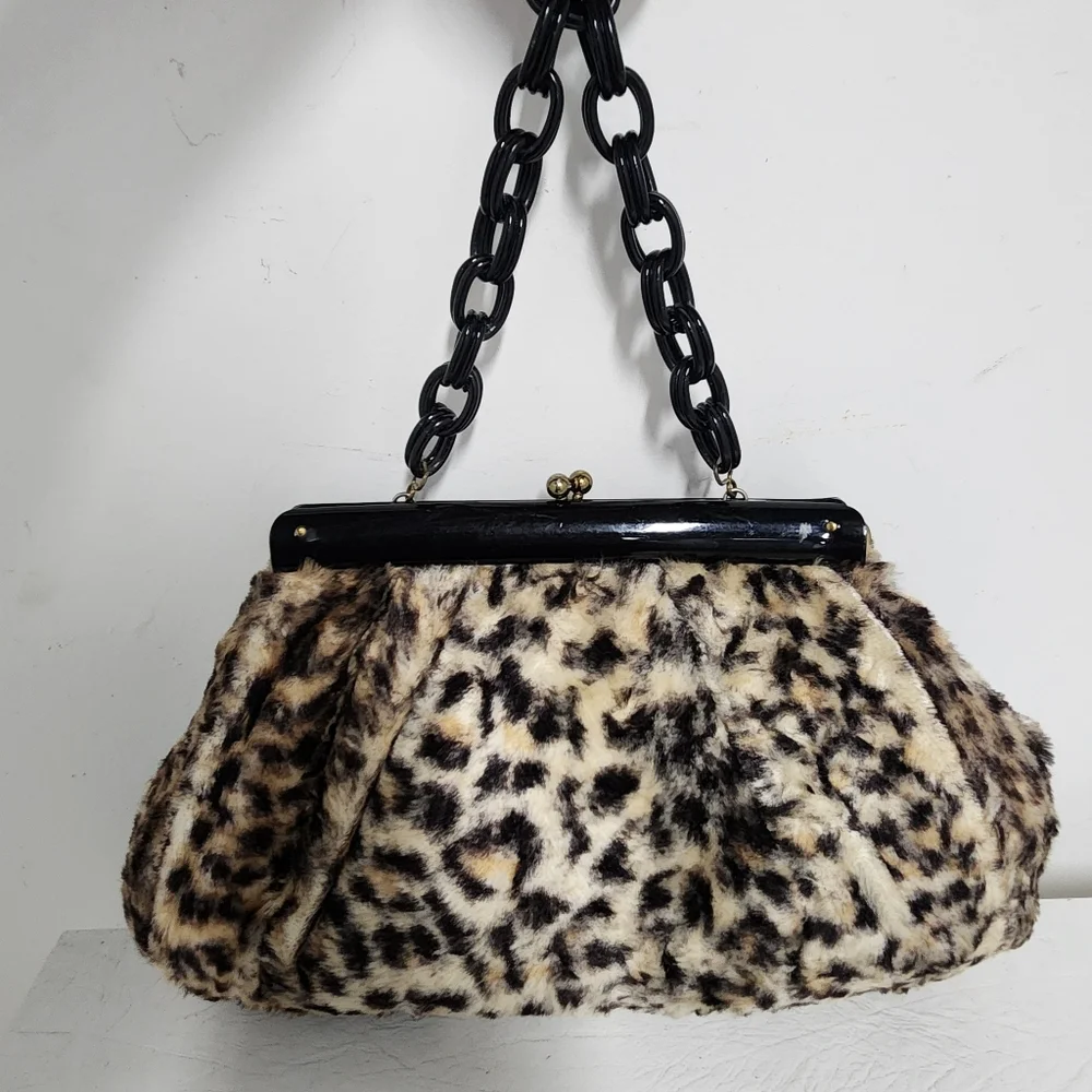 Vintage 1960s Faux Leopard Chain Link Handle Handbag - Picture 2 of 10